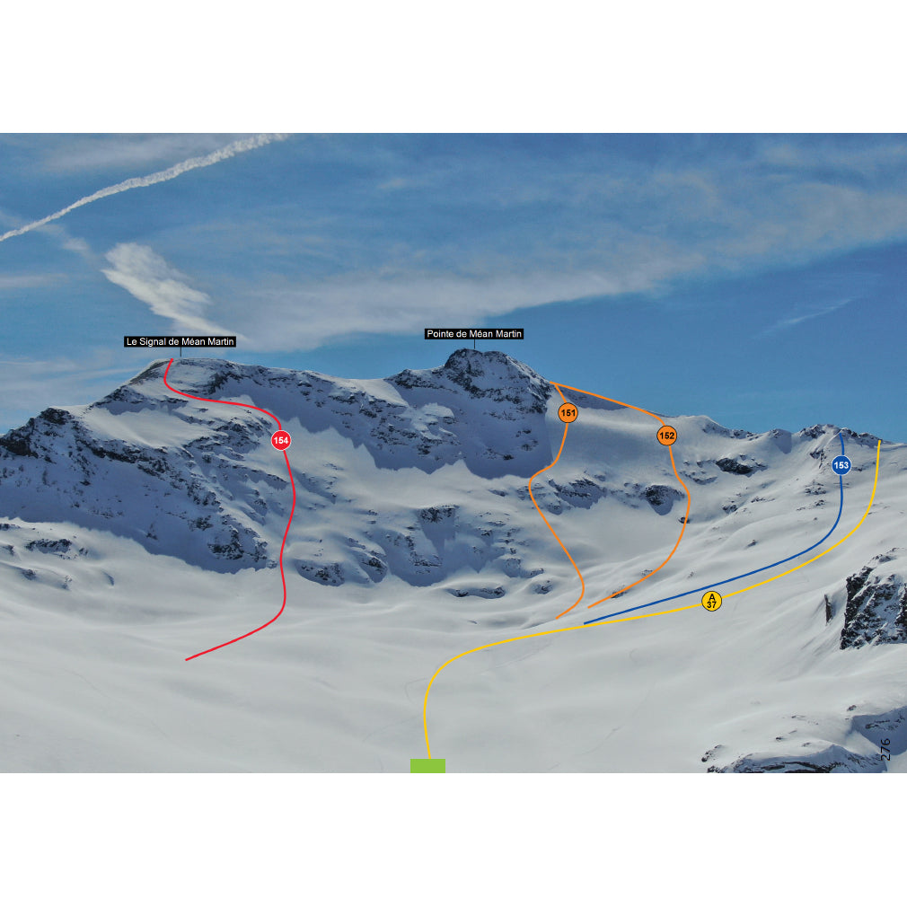 Clear colour topos showing mountain faces and descent lines
