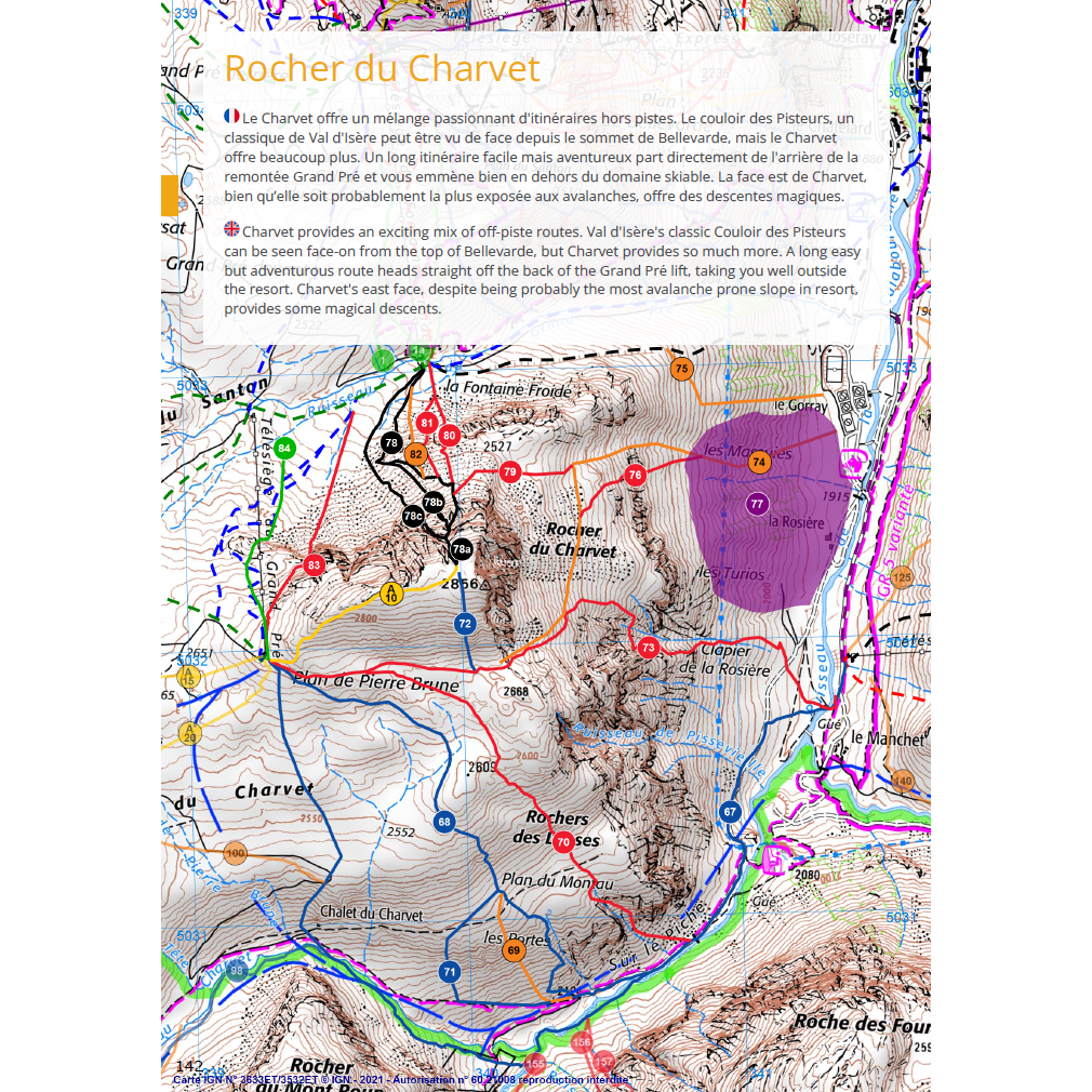 Val d'Isere Hors Piste IGN Map Example with GPS Route and Info-gram