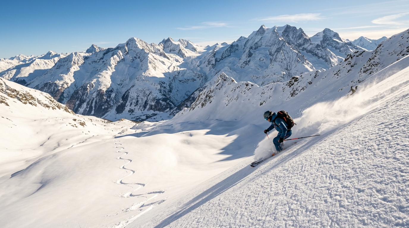 Backcountry Skier Powder Descent in the Col Pers Basin Val d'Isère