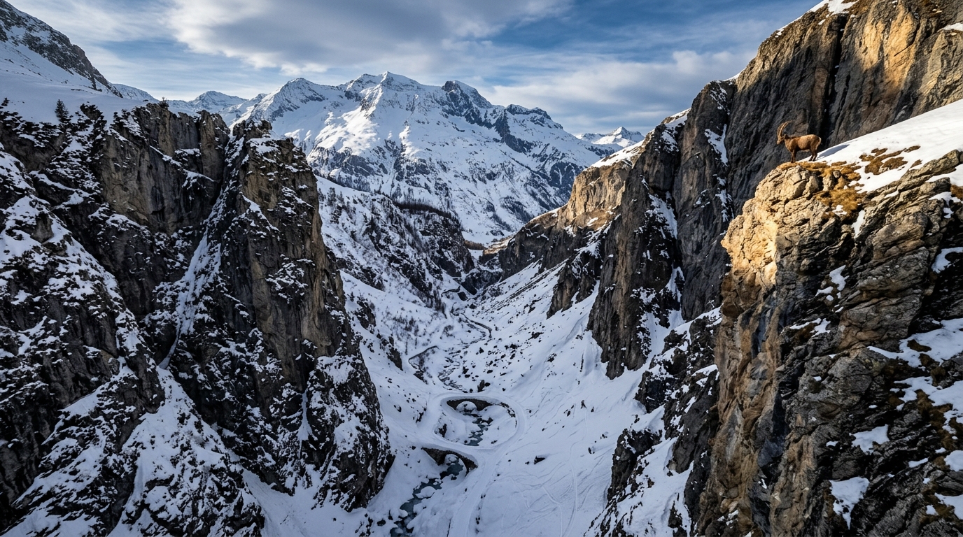 Dramatic Winter Canyon of Gorges de Malpasset with Alpine Ibex on High Cliffs in Val d'Isère